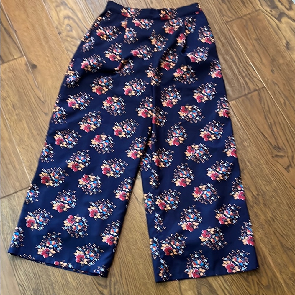 Floral Wide-Leg Trousers - Navy
